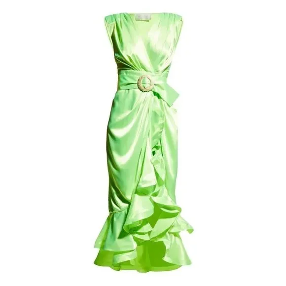 BRONX and BANCO Neon Green Lika Belted Asymmetric Ruffle Wrap Dress Size… - Picture 3 of 11